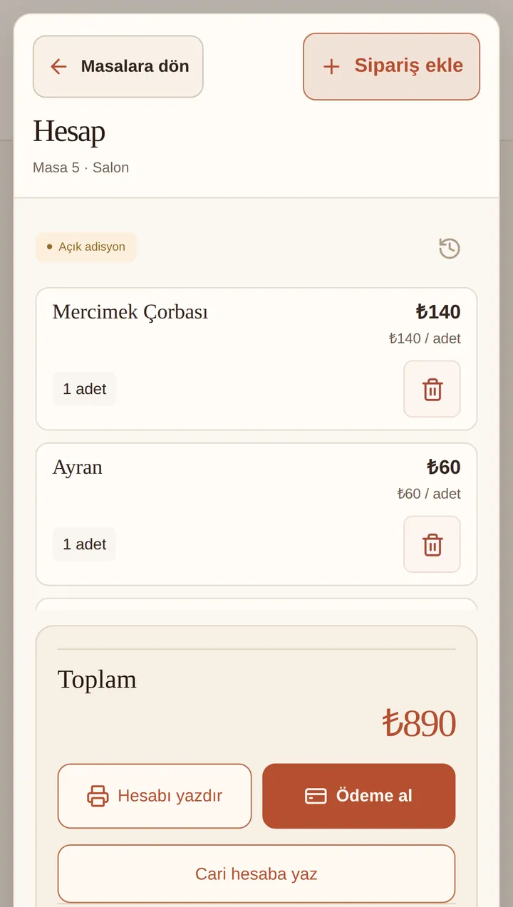 Telefonda Masa 5 hesabı: ürünler, toplam 890 TL, Ödeme al düğmesi