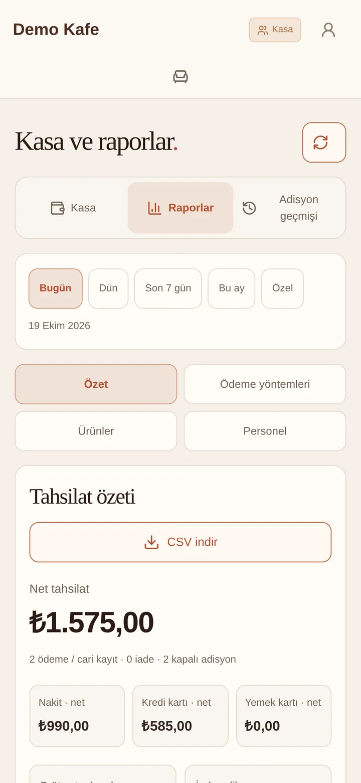 Raporlar: günlük net tahsilat, nakit ve kredi kartı dağılımı, CSV indir
