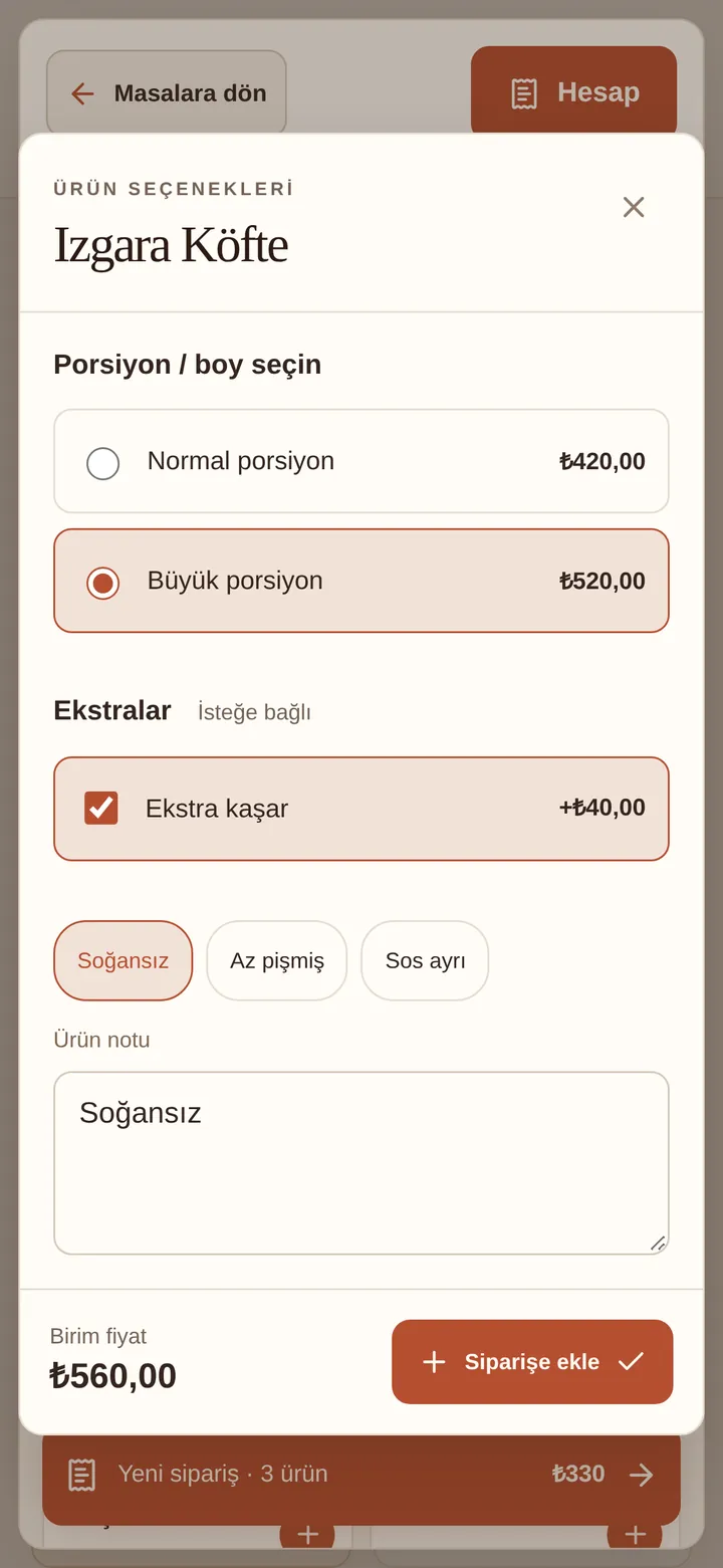 Izgara Köfte seçenekleri: büyük porsiyon, ekstra kaşar ve Soğansız notu