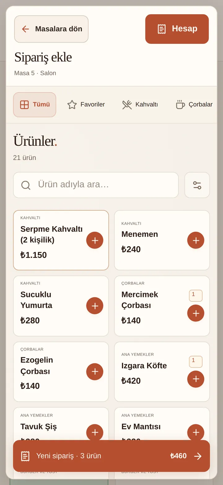 Sipariş ekle ekranı: kategoriler, ürün araması ve fiyatlı ürün kartları